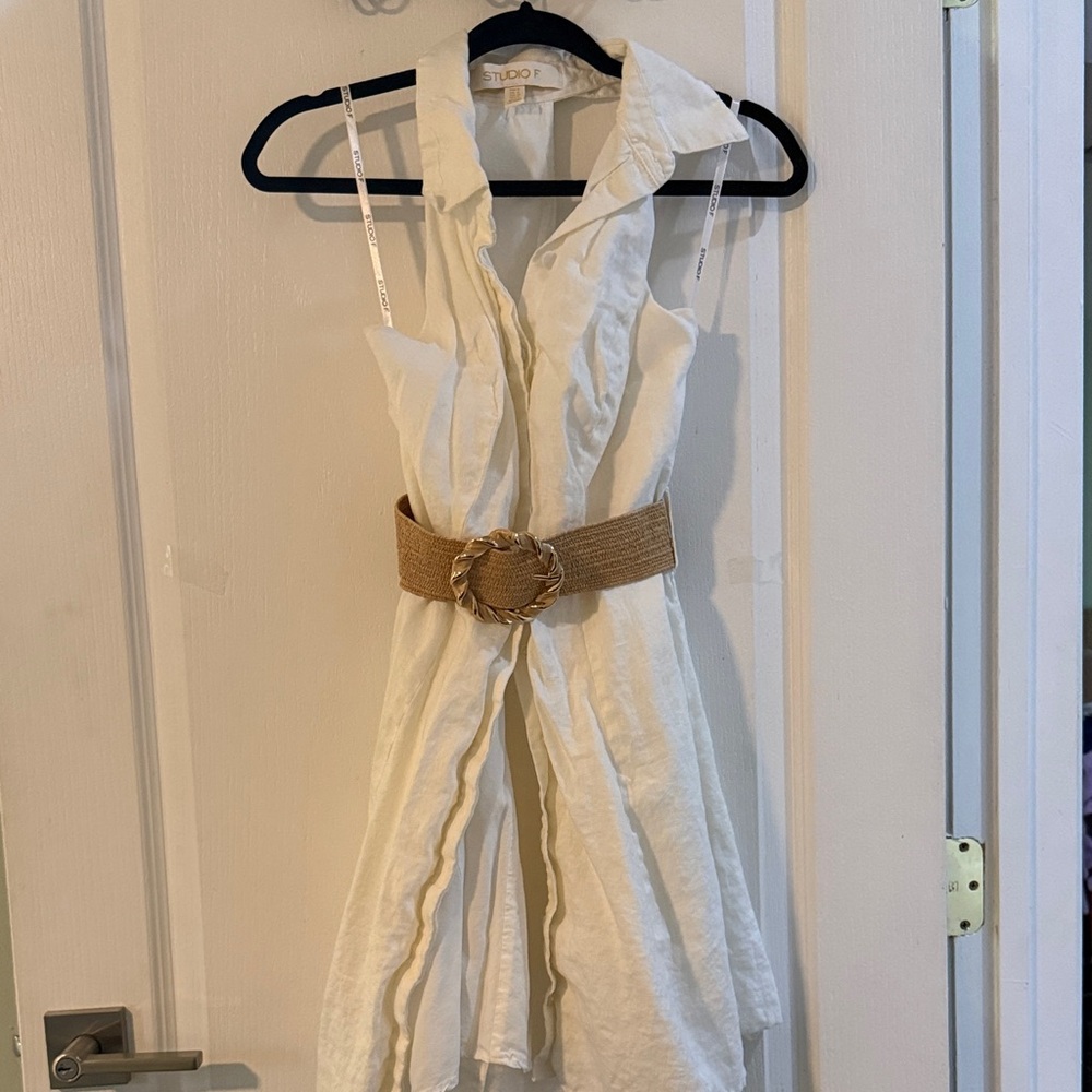 White Sleeveless Dress with Tan Belt